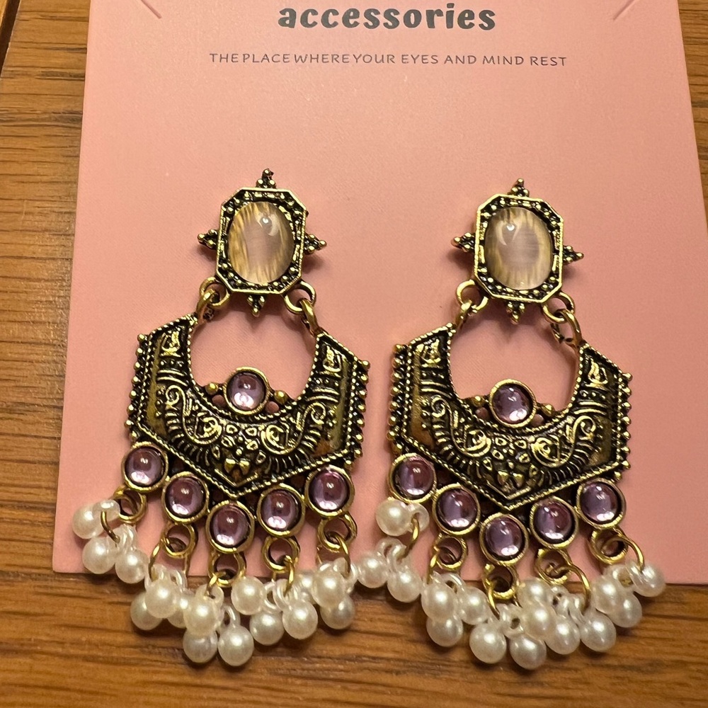 Gold and Pink Chandelier Pearl Earrings NWT